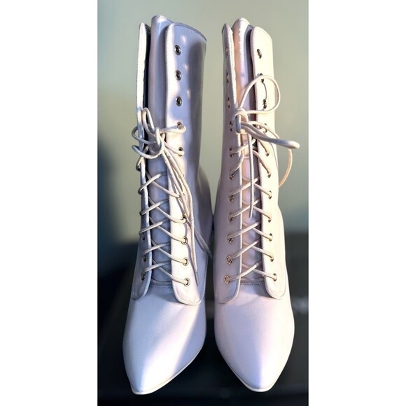 Fashion Nova Queen Of The Game Booties Beige Size 11 Lace-Up High Heel Boots - Picture 3 of 8